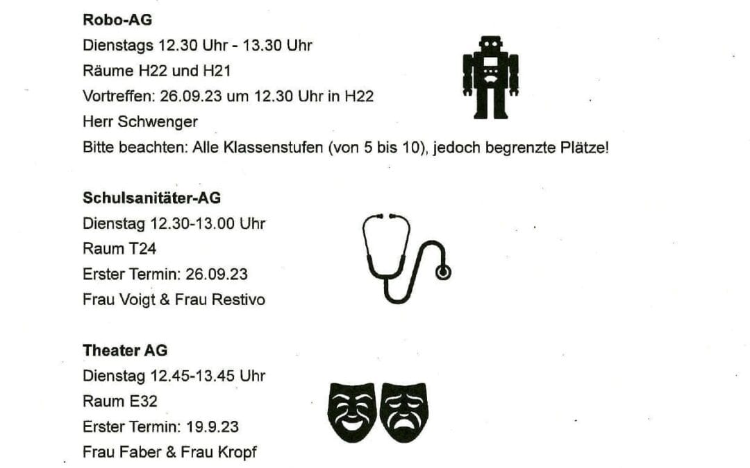 +++THRS-AG-Angebote 2023-2024+++Immer dienstags in der verlängerten Mittagspause+++