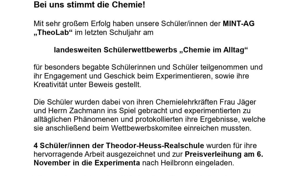 +++H. Zachmans und Fr. Jägers Chemiker/innen des TheoLabs erhalten landesweite Auszeichungen+++